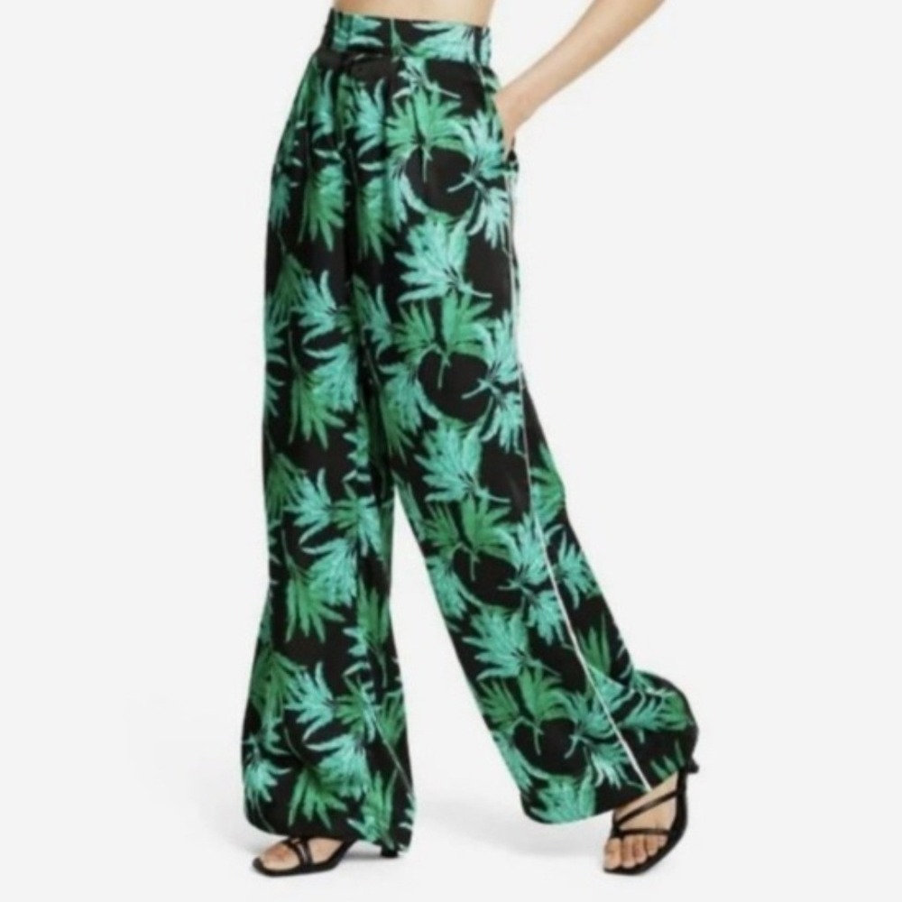Noel Womens Size M Black Green Tropical Palm Print Wide Leg Satin Trousers Pants